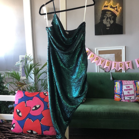 Lovers + Friends Parnell moss green sequin party asymmetrical dress size M - Picture 3 of 6